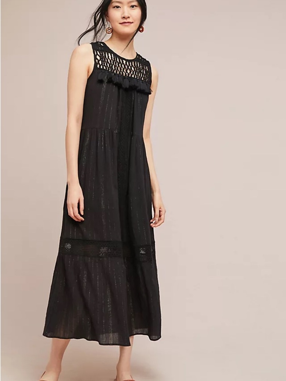 Anthro Maeve Abilene Maxi Dress Black Crochet Tassel Boho Small